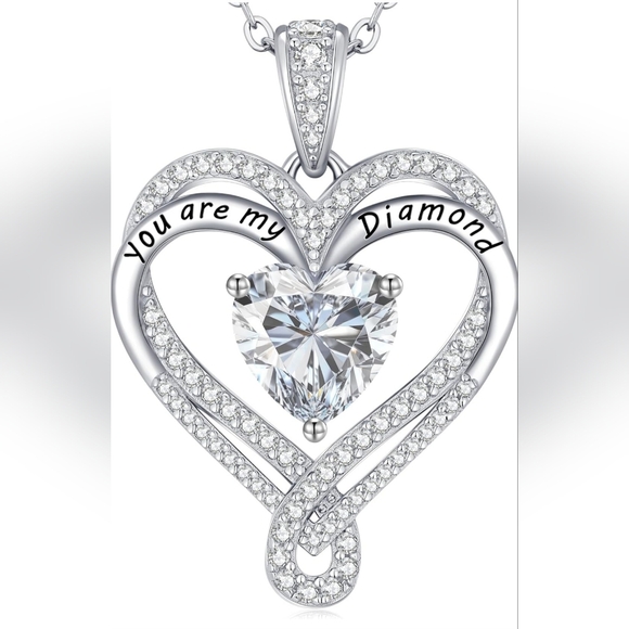 Moissanite Diamond Infinity Heart Necklace White Gold Plated 925 Sterling Silver - Picture 5 of 6